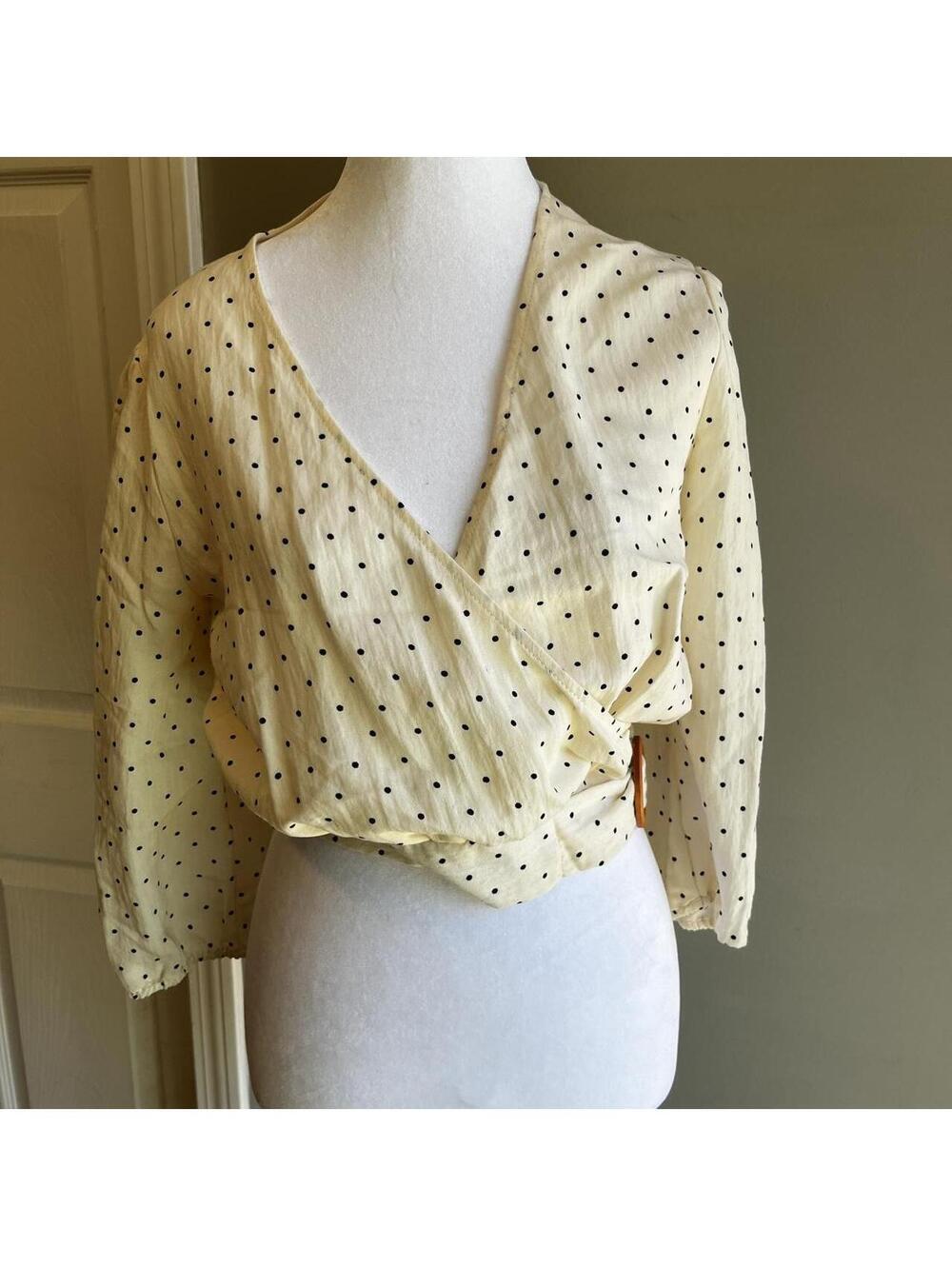 Blue Rain Cream/Yellow and black polka dot blouse with wrap detail #polkadot